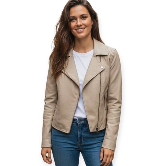 PINS & NEEDLES URBAN OUTFITTERS BEIGE FAUX LEATHER MOTO JACKET SZ.XS EUC. - Picture 1 of 6
